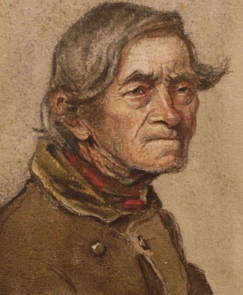 Hanuš Schwaiger, Podobizna starého muže, 90. léta 19. stol., akvarel, papír.