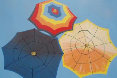 Jeden z vystavených obrazů od Oty Horáka - Deštníky. 