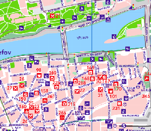 Zelená mapa s vyznačenými bezbariérovými podniky a nekuřáckými restauracemi.