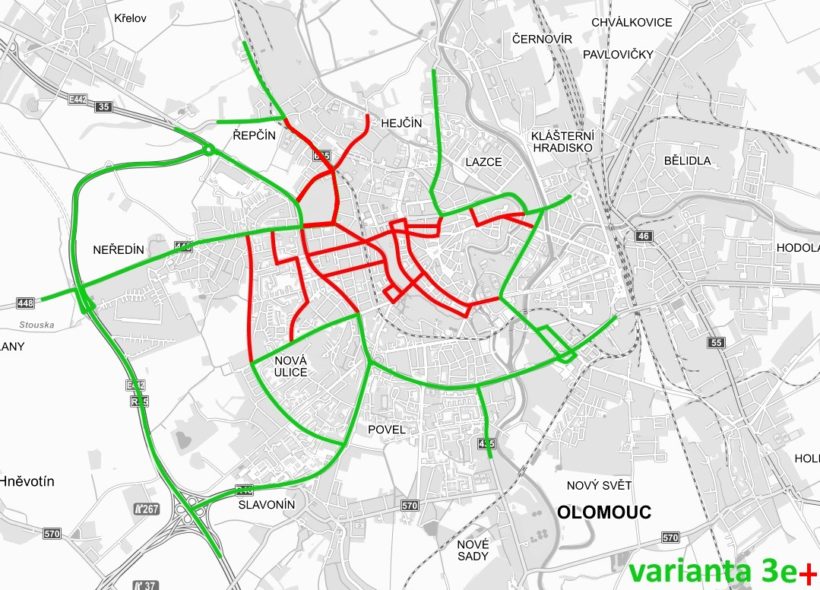 Červená barva značí zónu se zákazem vjezdu nákladních vozidel.