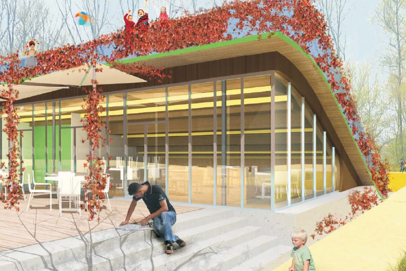 Vlnovitá konstrukce komunitního centra poskytne možnost odpočinku i na střeše objektu.