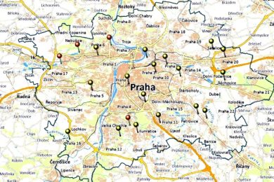 Žlutě jsou označené sběrné dvory hlavního města Prahy, červeně ty městských částí