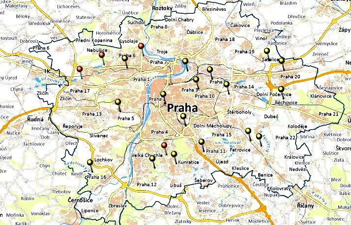 Žlutě jsou označené sběrné dvory hlavního města Prahy, červeně ty městských částí