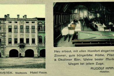Hoteliér Rudolf Haas vydal pohlednici jako propagaci svého hotelu. Jak vidno, hosté si mohli v restauraci zahrát kulečník.