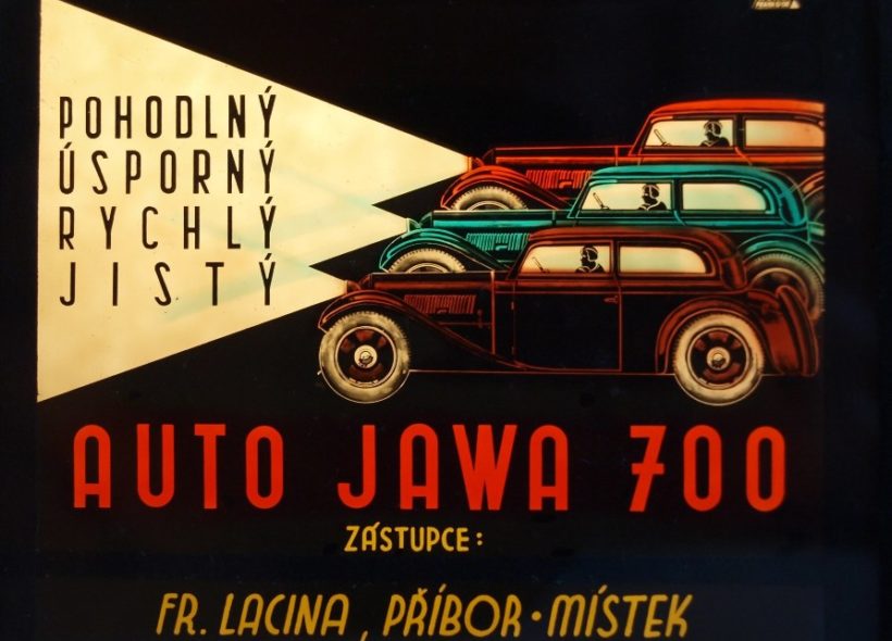 Reklama prodejce automobilů a motocyklů Jawa.