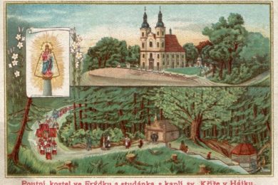 Historická pohlednice s námětem poutních míst - frýdeckého mariánského kostela a Hájku.