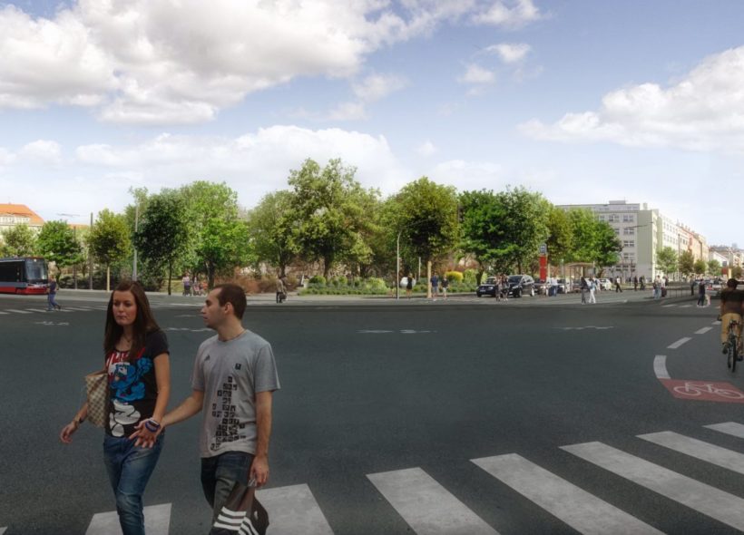 Optimistická vizualizace úrovňového křížení  magistrály s přílehlými ulicemi. Zdroj IPR