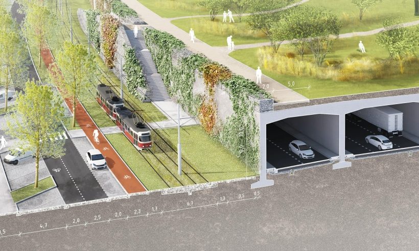 Pohled na řez zakryté Spořilovské spojky, jak ho připravilo studio Tři architekti.