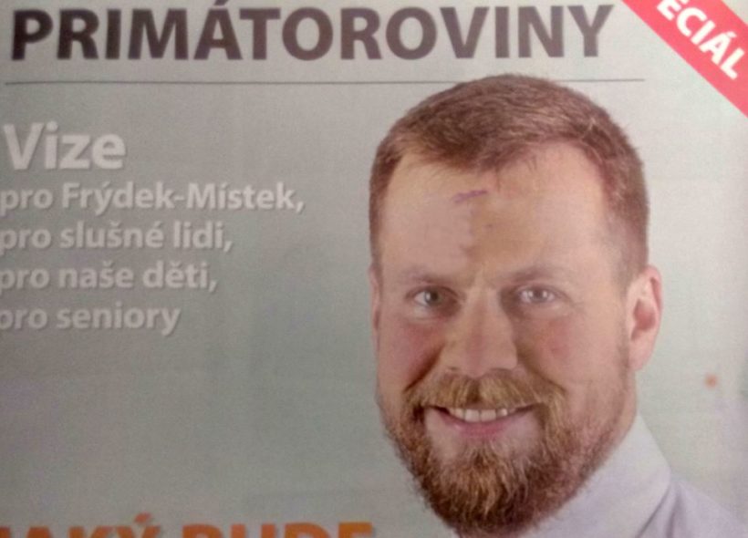 Sken volební tiskoviny, v níž M. Pobucký zveřejnil fota svých údajných podporovatelů bez jejich souhlasu.