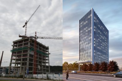 Pohled na stavbu a vizualizace hotové budovy AFICITY „A“. Foto AFi a Ivan Kuptík.