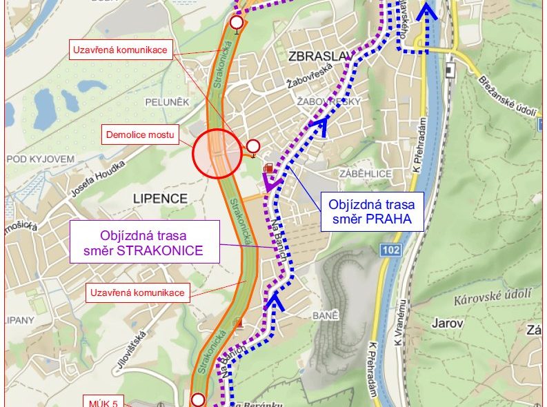 Objízdné trasy při demolici mostu. Zdroj TSK Praha