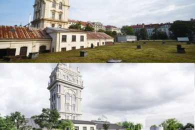 Srovnání dnešního stavu střechy vodojemu s vizualizací ateliéru CMC Architekti. Foto Ivan Kuptík