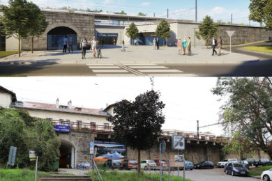 Zítřek nádraží Vysočany a dole dnešní vzhled, zmizí i bariéry. Zdroj Správa železnic