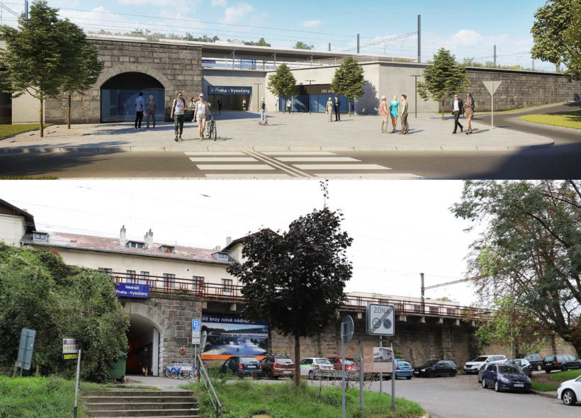Zítřek nádraží Vysočany a dole dnešní vzhled, zmizí i bariéry. Zdroj Správa železnic