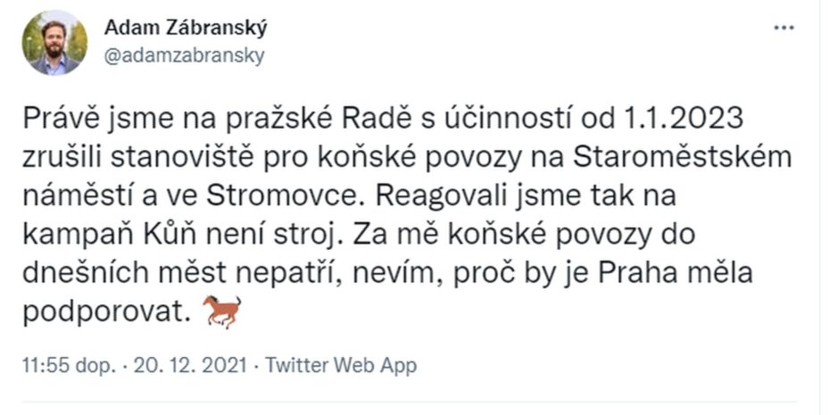 Oznámení radního Adama Zábranského (Piráti) o zákazu provozu fiakrů v Praze.