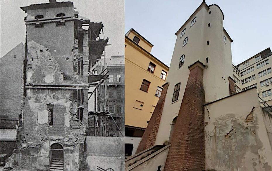 Věž v době, kdy ji chtělo policejní ředitelství zbourat (vlevo), a stav po opravách. Osudy věže mapuje pořad ČT Z metropole věnovaný i architektovi Antonínu Wiehlovi. 