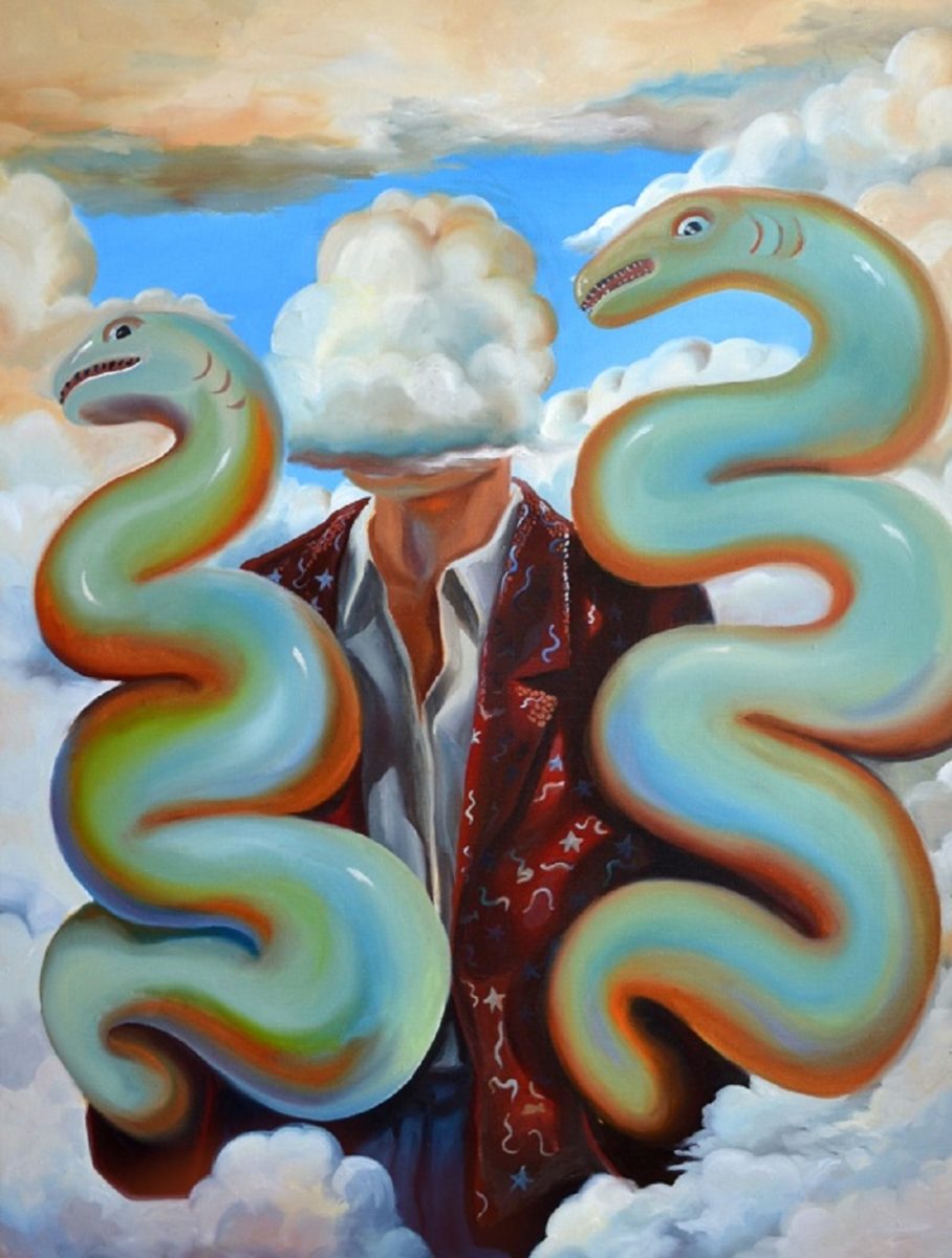 Úhoří muž s hlavou v oblacích - olej na plátně 120x90 cm, 2022