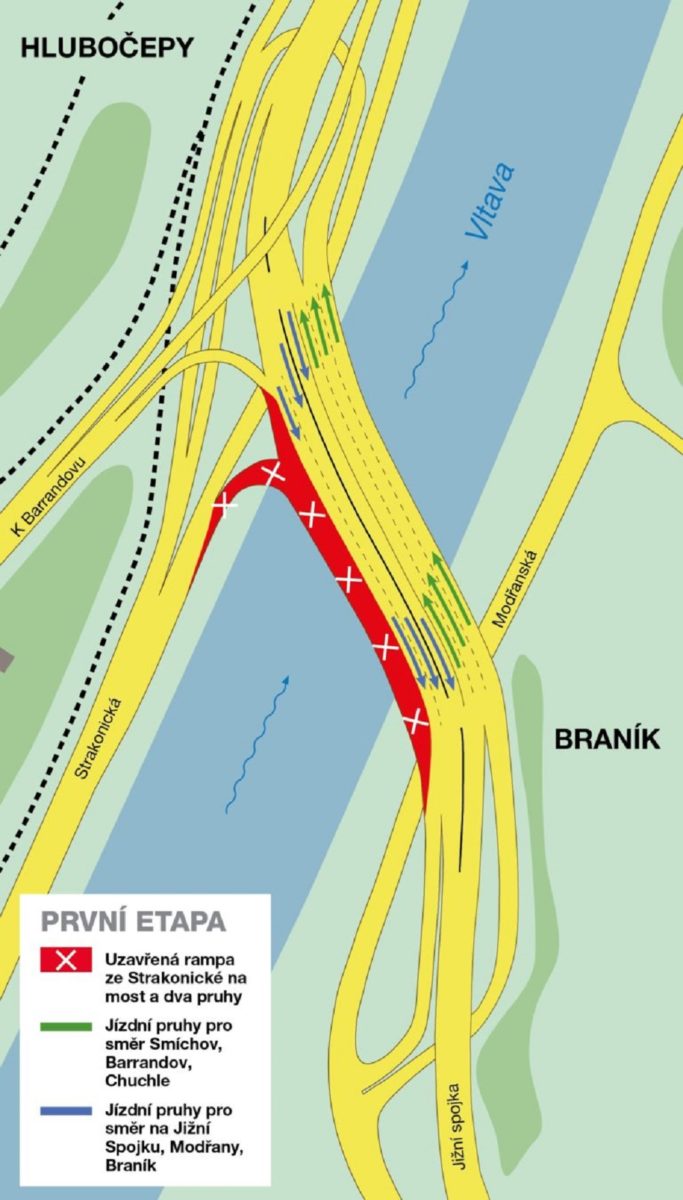 Mapa první etapy rekonstrukce Barrandovského mostu