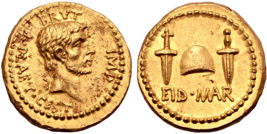 Aureus Marka Junia Bruta, Caesarova vraha, vydražený v roce 2020 za 4 188 383 dolarů. 