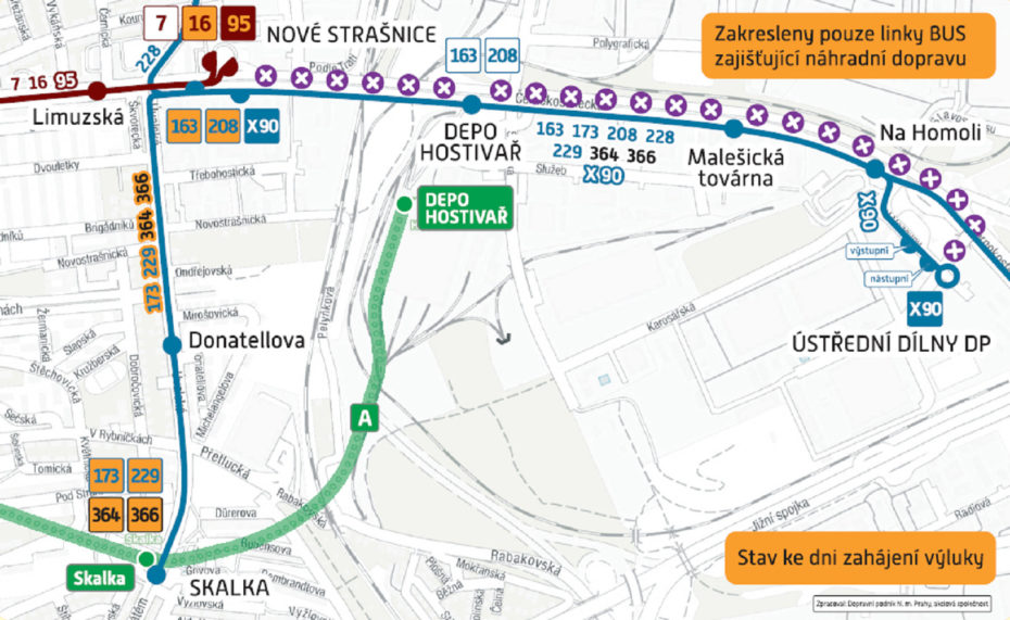 Schéma omezení tramvajové dopravy na Černokostelecké ulici.