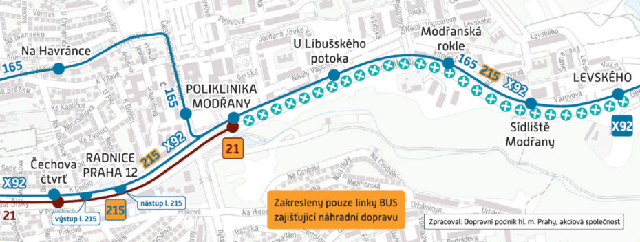 Schéma prázdninové výluky tramvají v Modřanech.