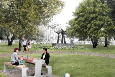 Vizualizace piknikového sezení v revitalizovaném Parku Na Solidaritě v Praze 10.