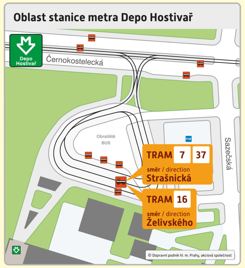 Okolí stanice Depo Hostivař při výluce metra.