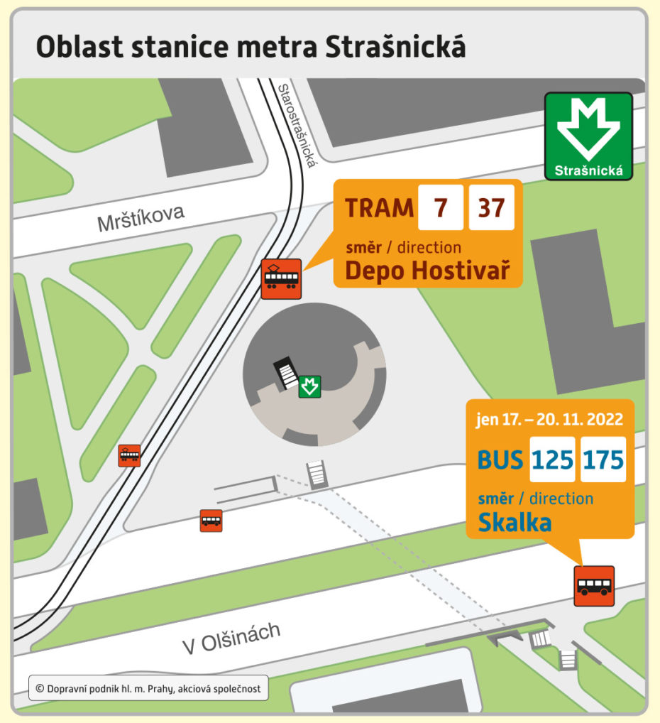 Okolí stanice Strašnická při výluce metra.
