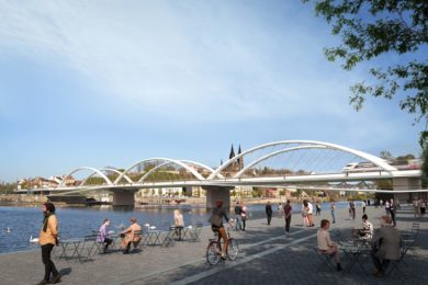 Vítězný návrh budoucí podoby tříkolejného přemostění přes Vltavu v místě stávajícího železničního mostu na pražské Výtoni.