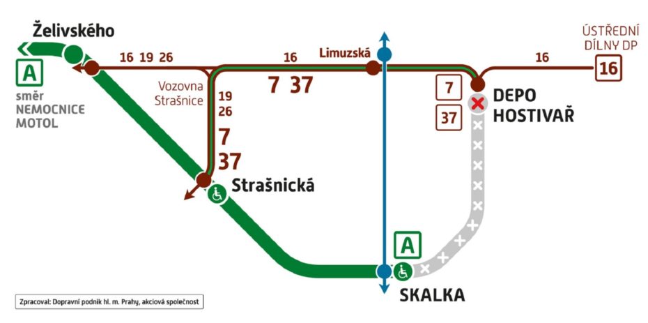 Schéma výluky metra 16. listopadu 2022.