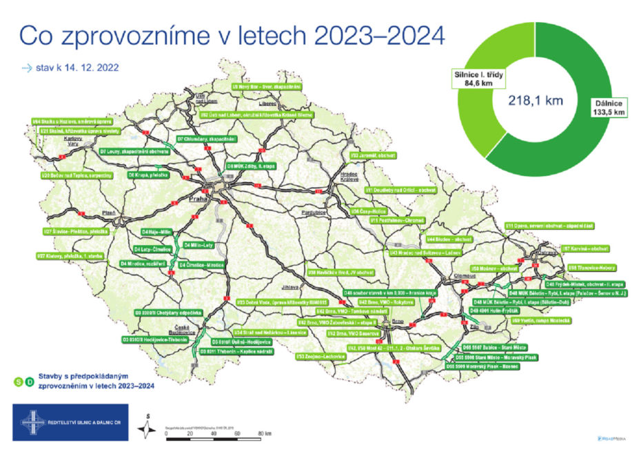 Zprovozněné úseky dálnic a rychlostních silnic v letech 2023 a 2024.