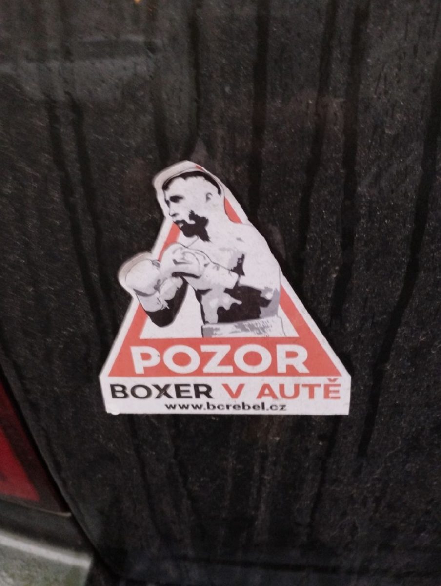 Značka upozorňující na boxera v autě.
