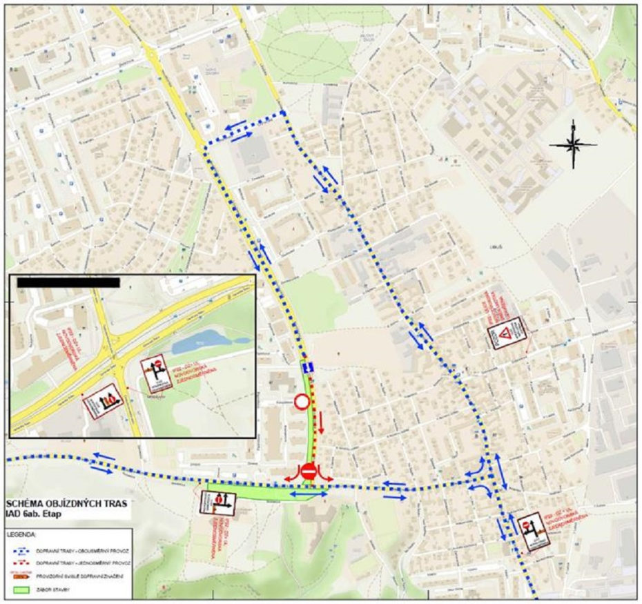 Plán dopravního omezení při prodloužení tramvajové trati na Libuš.