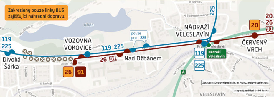 Schéma provozu během přerušení tramvajového provozu v úseku Vozovna Vokovice - Divoká Šárka v Praze 6.