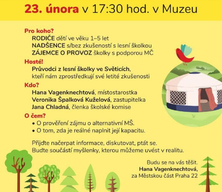 Program setkání nad otázkou vzniku Lesní školky v Praze 22.