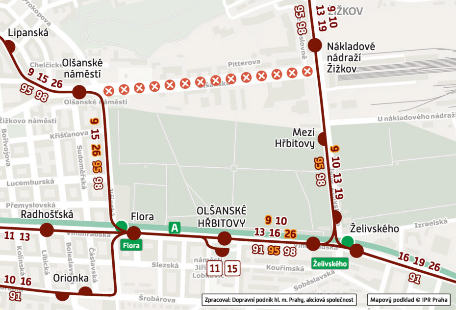 Schéma provozu během opatření na tramvajové trase Olšanské náměstí - Nákladové nádraží Žižkov.