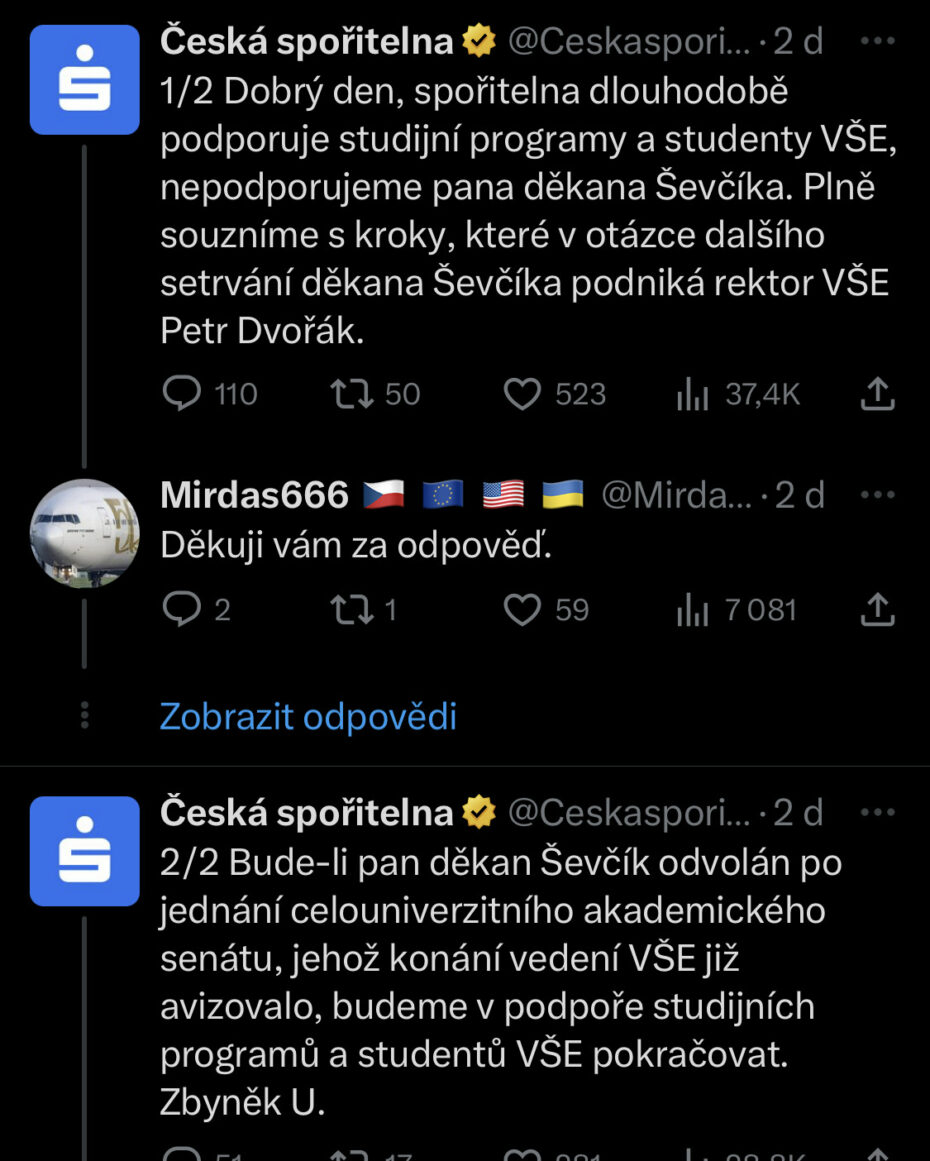 oznámení o tlaku na vedení VŠE ze strany České Spořitelny