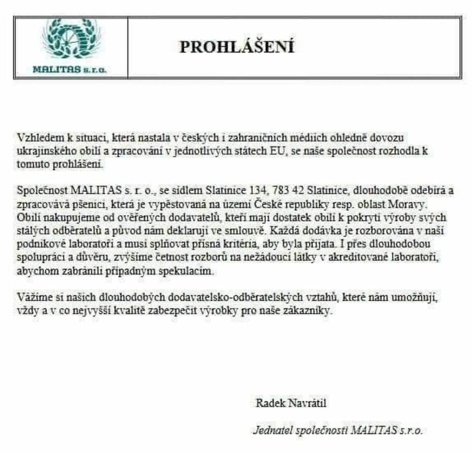 Společnost Malitas, mlýny z Věrovan se distancují od ukrajinského obilí. Zvýší testy na škodlivé látky, aby se vyhnuli spekulacím.