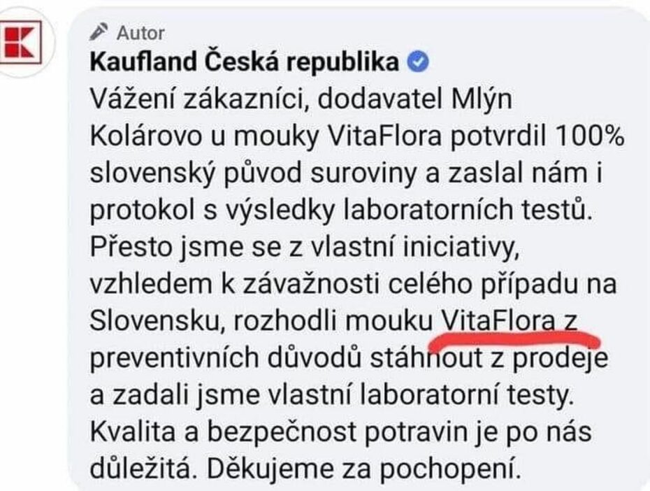 Kaufland oznámil stažení kontroverzní mouky ze slovenského mlýna Kolárovo. Existuje obava, že mohl použít kontaminované ukrajinské obilí.  