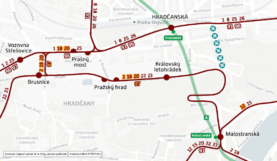 Schéma provozu během opatření Hradčanská - Chotkov sady
