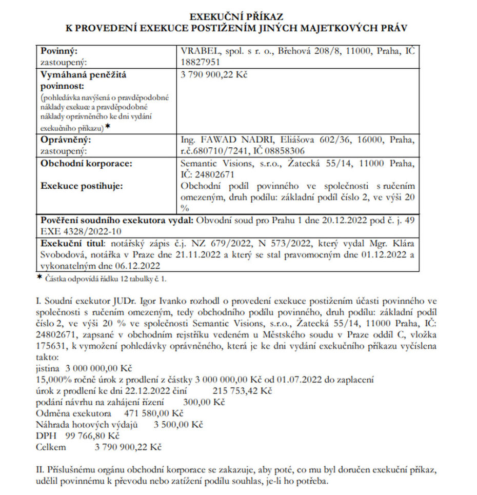 Exekuční příkaz mluví jasně. František Vrabel dluží Fawadu Nahri 3,790.900 korun a má pozastaven podíl ve společnosti Semantic Vision. 