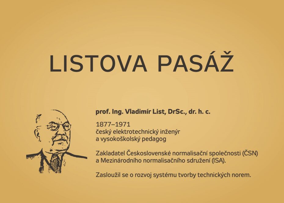 Pamětní deska v nové Listově pasáži na Těšnově.