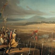 Bitva o Antioch (autor: Frederic Schopin, 1804-1880). Na vyobrazení jsou křižáci vedení Bohemundem Tarentským v bitvě s perským emírem Karbukou v červnu 1098. Početně slabší křižáci zvítězili, cesta na Jeruzalém byla volná.  