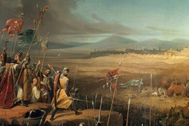 Bitva o Antioch (autor: Frederic Schopin, 1804-1880). Na vyobrazení jsou křižáci vedení Bohemundem Tarentským v bitvě s perským emírem Karbukou v červnu 1098. Početně slabší křižáci zvítězili, cesta na Jeruzalém byla volná.  