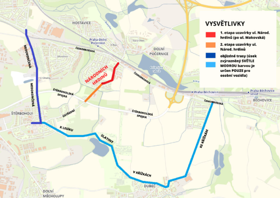 Mapa náhradních tras v Dolních Počernicích při opravě ulice Národních hrdinů.