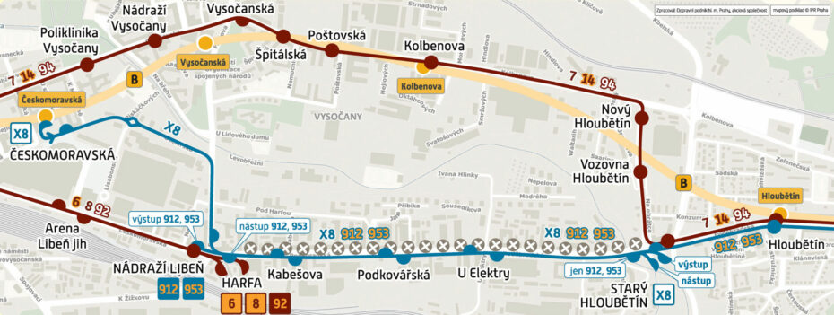 Schéma provozu tramvajových linek během dopravního  opatření na Poděbradské ulici.
