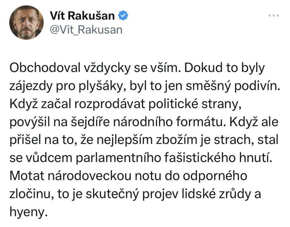 Ministr vnitra Vít Rakušan po sérii brutálních znásilnění od Ukrajinců v ČR zaútočil na předsedu opoziční SPD Tomia Okamuru. Nelíbí se mu spojování znásilnění s Ukrajinci. Řešení ale nenabízí. 