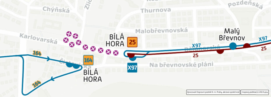 Mapka tramvajové výluky v obratišti Bílá Hora v Praze 6.
