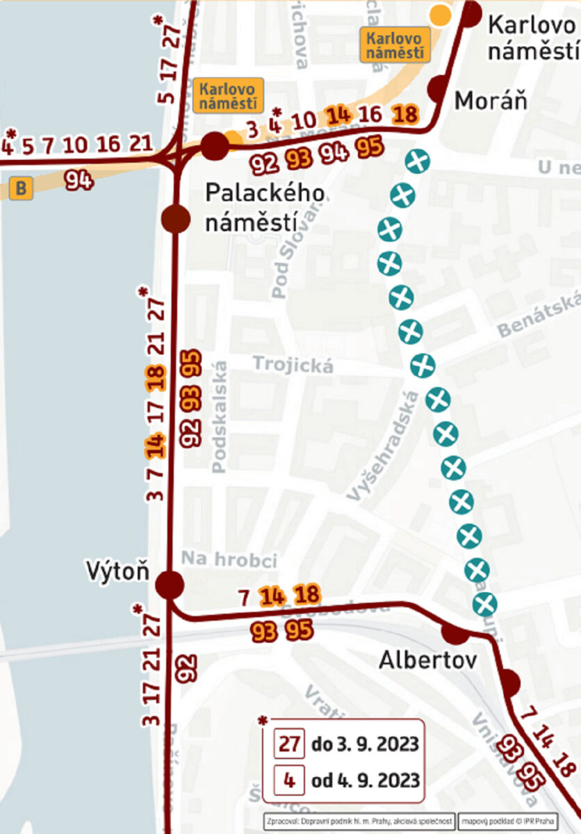 Mapa omezení tramvajového provozu.