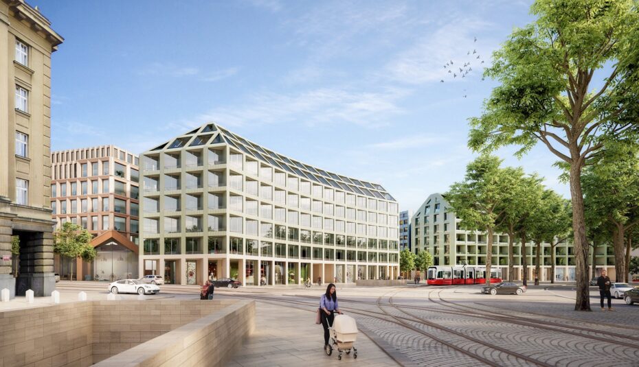 Vizualizace Vítězného náměstí podle společného návrhu holandské kanceláře Benthem Crouwel Architects a českého studia OVA.